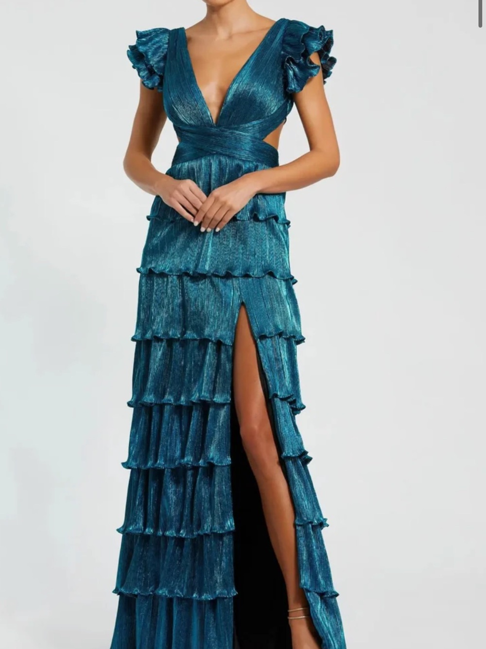 Mac Duggal - Blue Ruffle Tiered Criss Cross Lace Up Gown